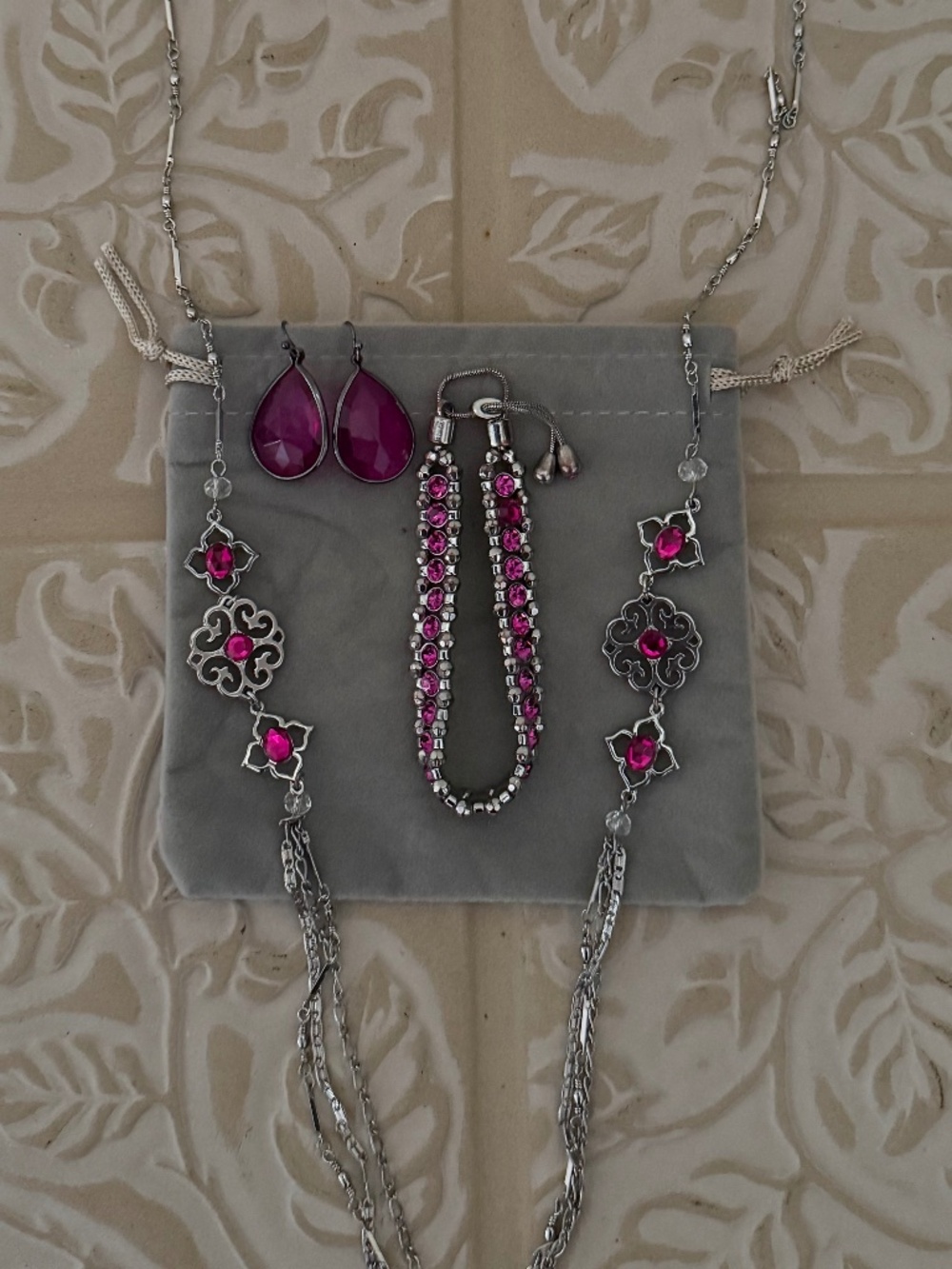 White House Black Market Pink & Silver Filigree Statement Jewelry Set
